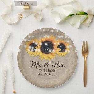 Sunflower Rustic Burlap String Lights Wedding Paper Plate