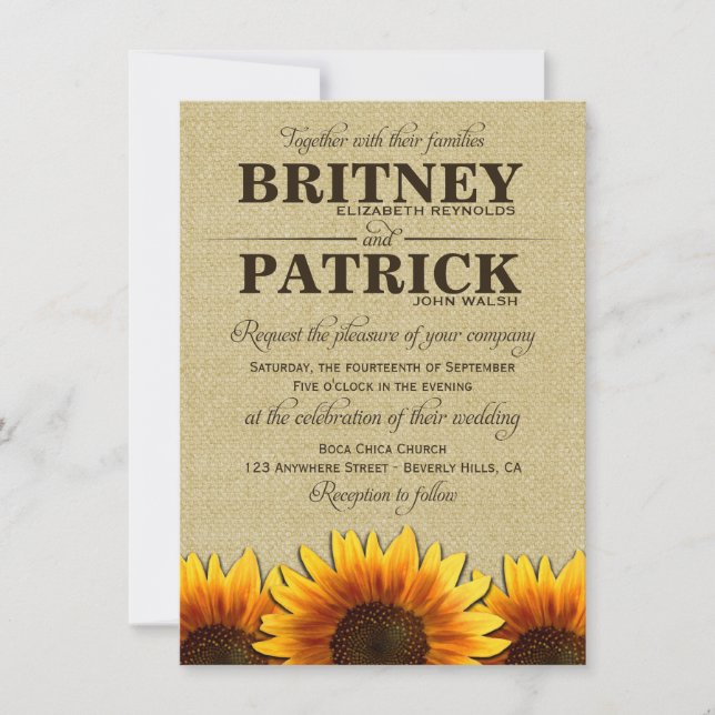 Sunflower Rustic Burlap Wedding Invitations (Front)
