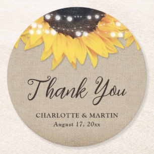 Sunflower Rustic Burlap Wedding Thank You Round Paper Coaster