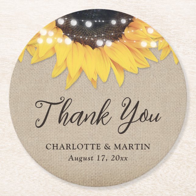 Sunflower Rustic Burlap Wedding Thank You Round Paper Coaster (Front)