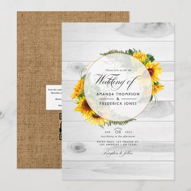 Sunflower Rustic Country Barn QR Code RSVP Wedding Invitation (Front/Back)