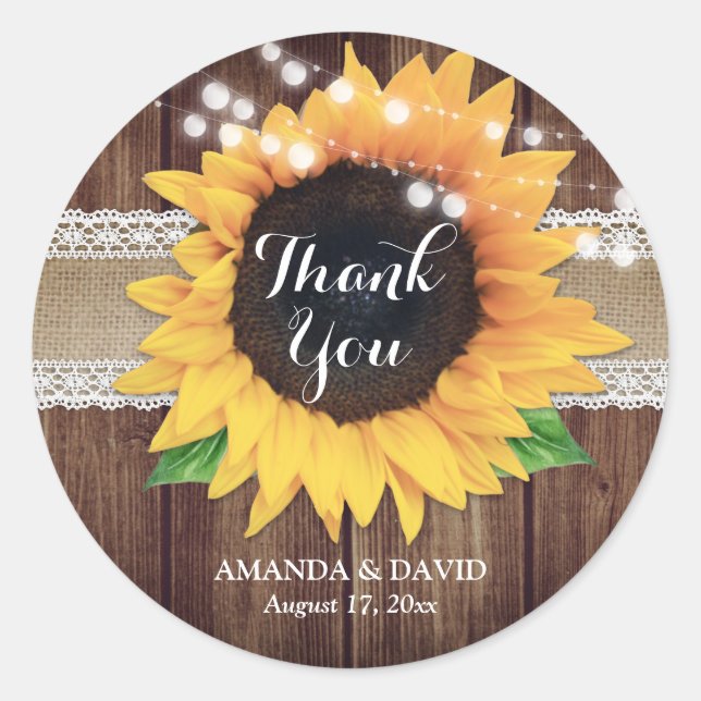 Sunflower Rustic Country Wedding Thank You Classic Round Sticker (Front)
