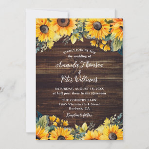 Sunflower Rustic Country Wood Floral Wedding Invitation