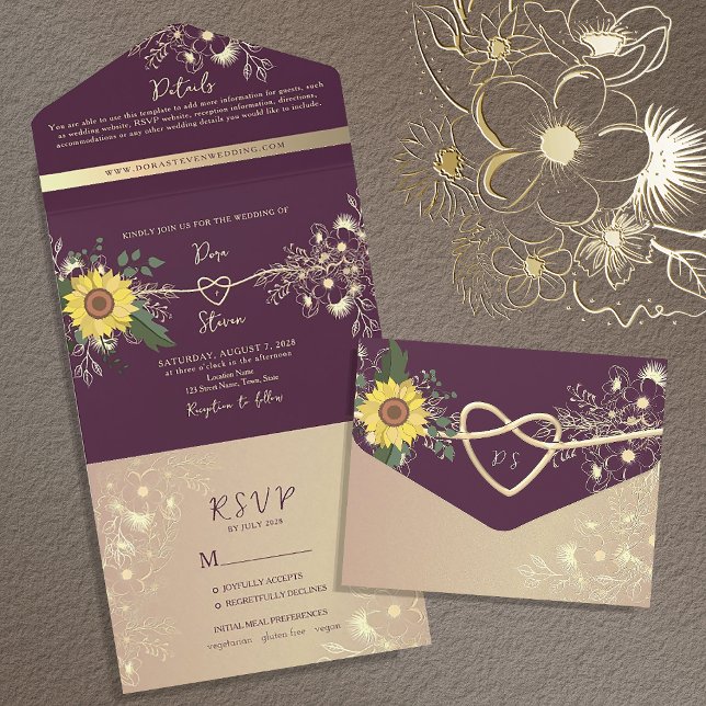 Sunflower  Rustic Elegant Purple Wedding All In One Invitation (Creator Uploaded)