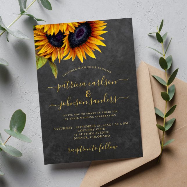 Sunflower rustic elegant script chalkboard wedding invitation (Creator Uploaded)