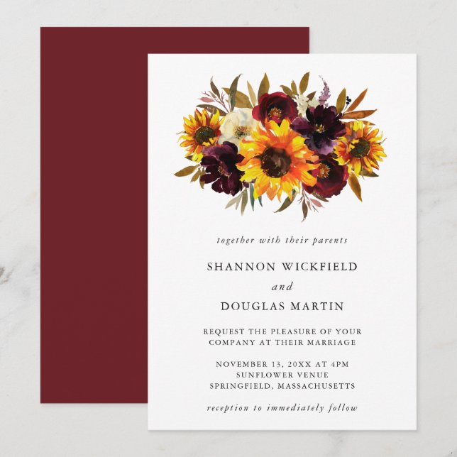 Sunflower Rustic Fall Floral Elegant Wedding Invitation (Front/Back)