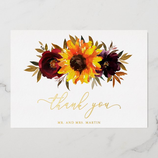 Sunflower Rustic Fall Wedding Thank You Card (Front)