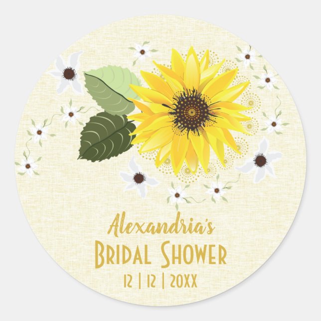 Sunflower Rustic Floral Linen Wedding Custom Classic Round Sticker (Front)