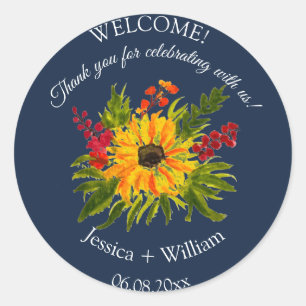 Sunflower Rustic Floral Watercolor Navy Wedding Classic Round Sticker