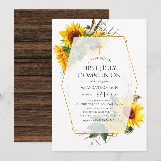 Sunflower Rustic Geometric First Communion Invitation (Front/Back)