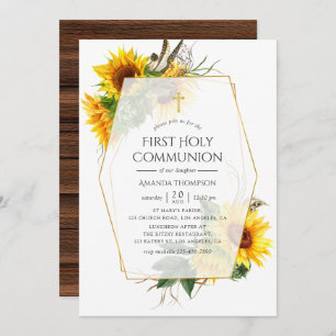Sunflower Rustic Geometric First Communion Invitation