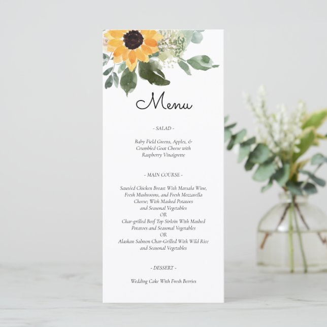 Sunflower Rustic Greenery Country Wedding Menu (Standing Front)