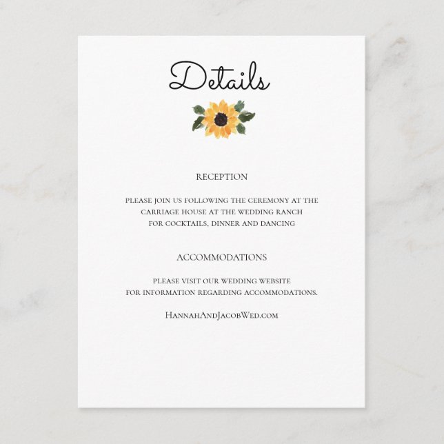 Sunflower Rustic Greenery Mariage Détails Carte (Devant)