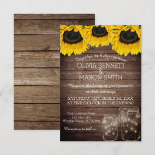 Sunflower Rustic Mason Jar lit Wedding Invitation