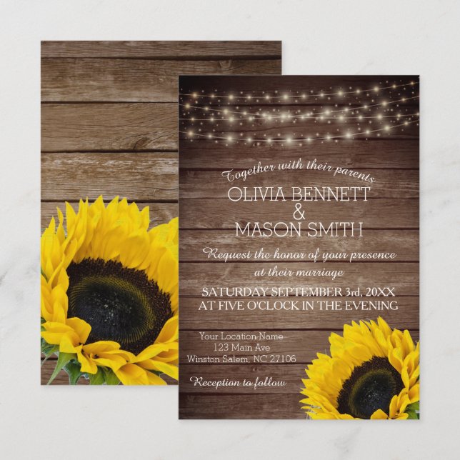 Sunflower Rustic Mason Jar lit Wedding Invitation (Front/Back)