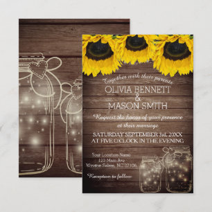 Sunflower Rustic Mason Jar lit Wedding Invitation