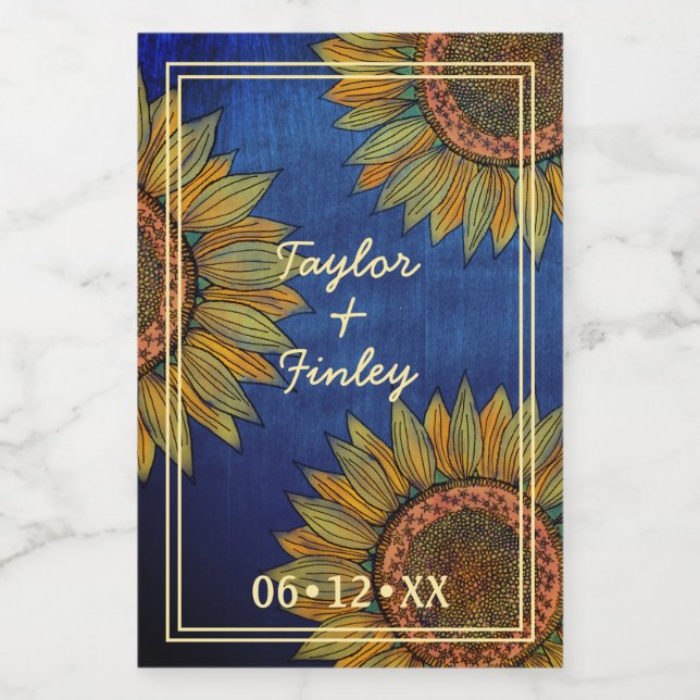 Sunflower Rustic Navy Blue Personalized Wedding Wine Label (Single Label)