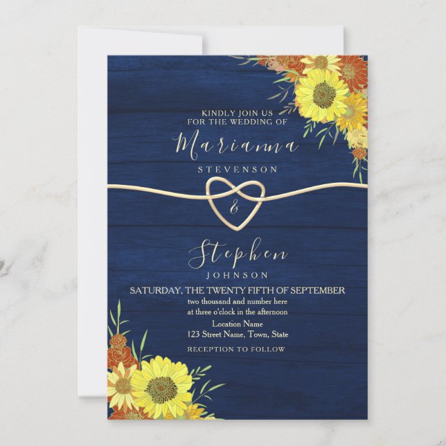 Sunflower Rustic Navy Blue Wedding Invitation (Front)