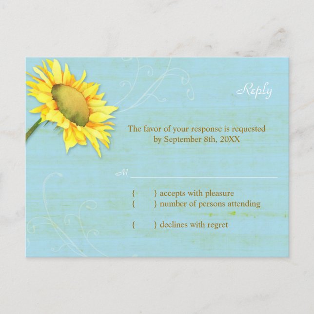 Sunflower Rustic Pale Blue Wedding RSVP Card (Front)