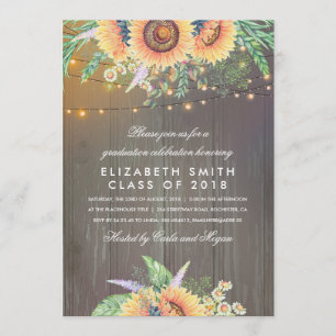 Sunflower Rustic String Lights Graduation Party Invitation