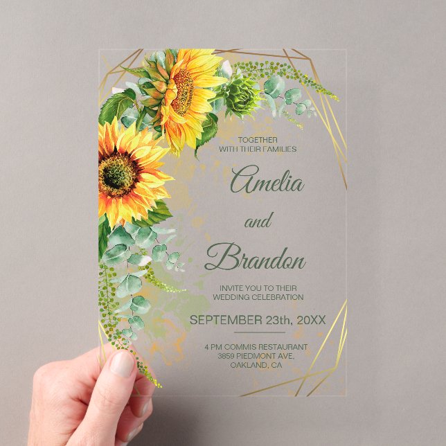 Sunflower Rustic Wedding Acrylic Invitation (Insitu (Handheld))
