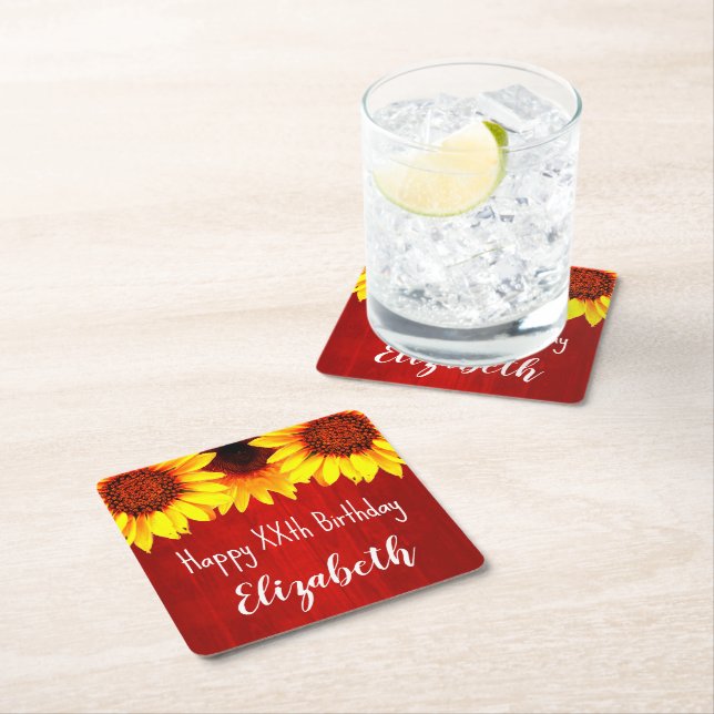 Sunflower Rustic Wood Birthday Square Paper Coaster (Insitu)