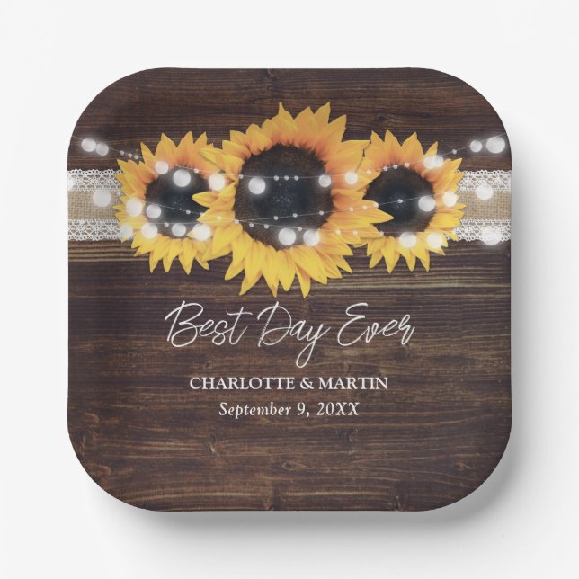 Sunflower Rustic Wood Burlap Lace Wedding Paper Plate (Front)