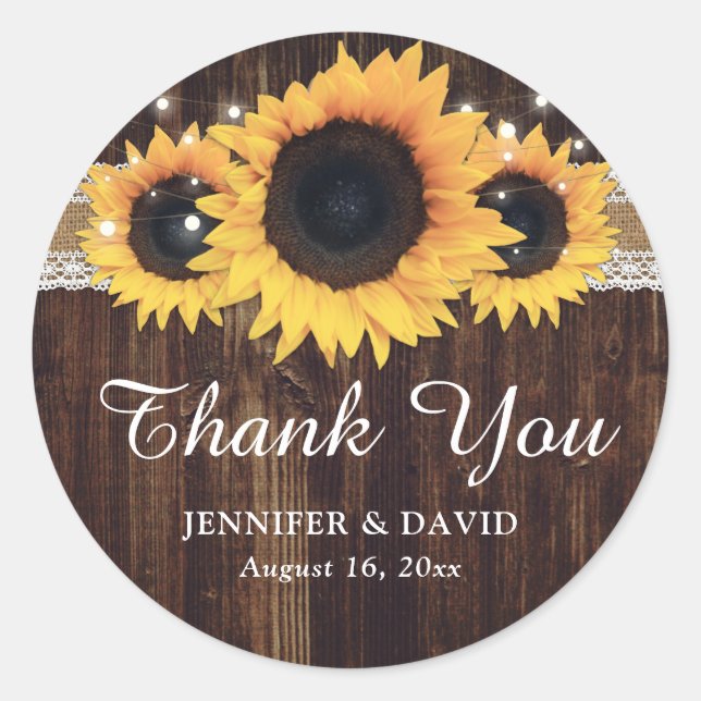 Sunflower Rustic Wood Burlap Thank You Wedding Classic Round Sticker (Front)