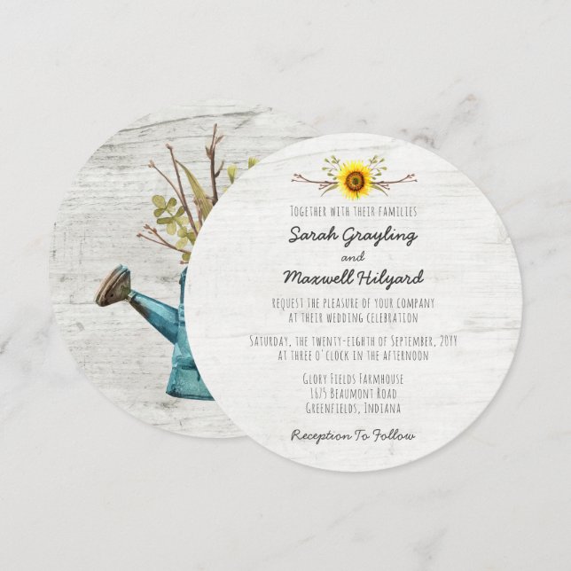 Sunflower & Rustic Wood Farm Faire-part de mariage (Devant / Derrière)