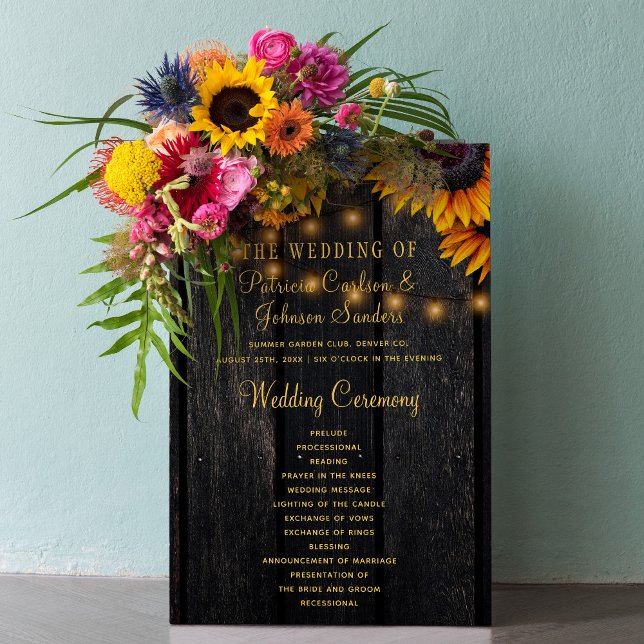 Sunflower rustic wood gold script wedding program (Creator Uploaded)