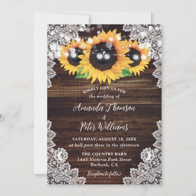 Sunflower Rustic Wood Lace String Lights Wedding Invitation (Front)