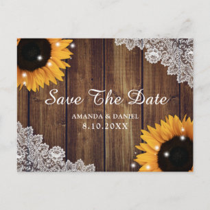 Sunflower Rustic Wood Lace Wedding Save The Date Postcard