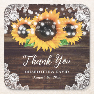 Sunflower Rustic Wood Lace Wedding Thank You Square Paper Coaster