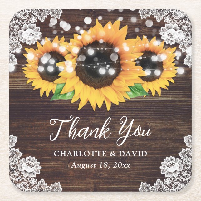 Sunflower Rustic Wood Lace Wedding Thank You Square Paper Coaster (Front)