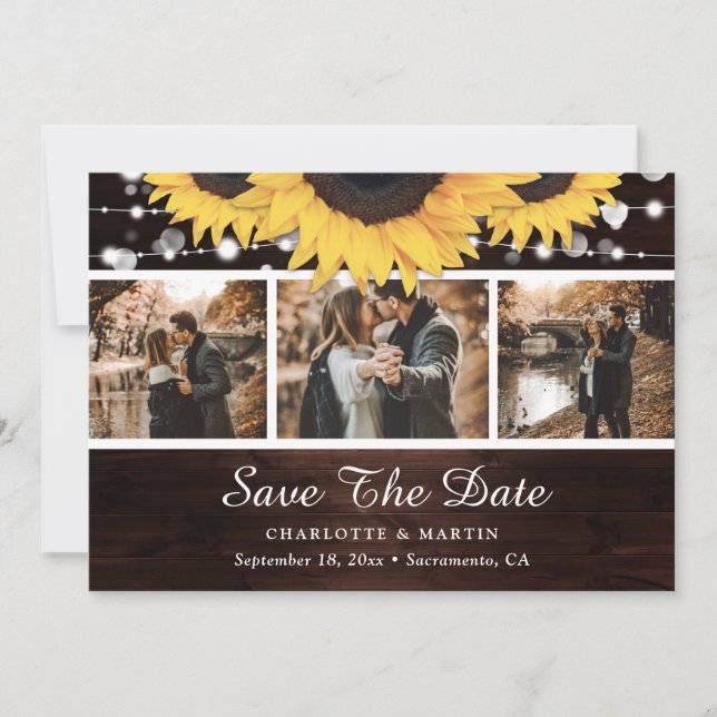 Sunflower Rustic Wood Lights Wedding Photo Save The Date (Front)