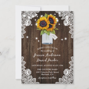 Sunflower Rustic Wood Mason Jar Wedding Invitation