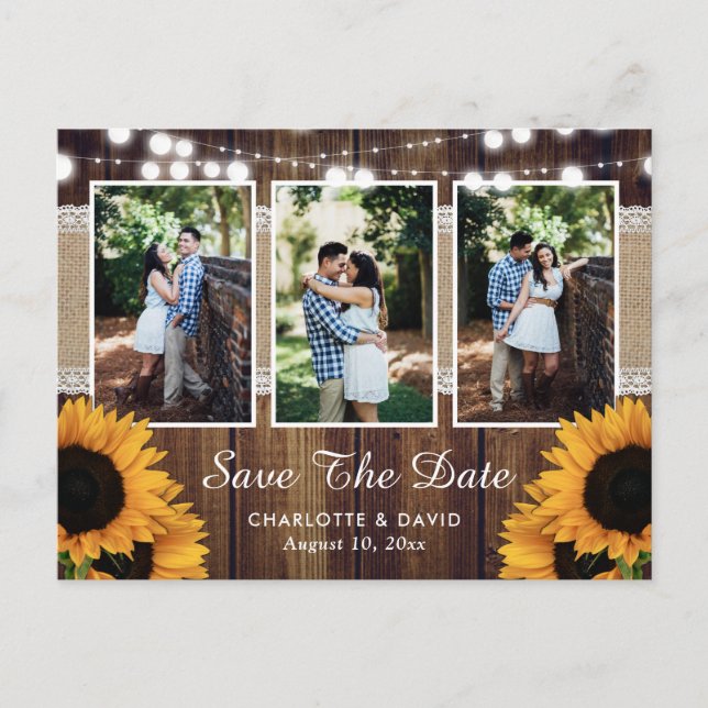 Sunflower Rustic Wood Photo Save The Date Announcement Postcard (Front)