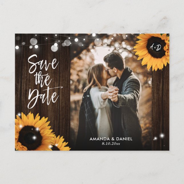 Sunflower Rustic Wood Photo Save The Date Postcard (Front)