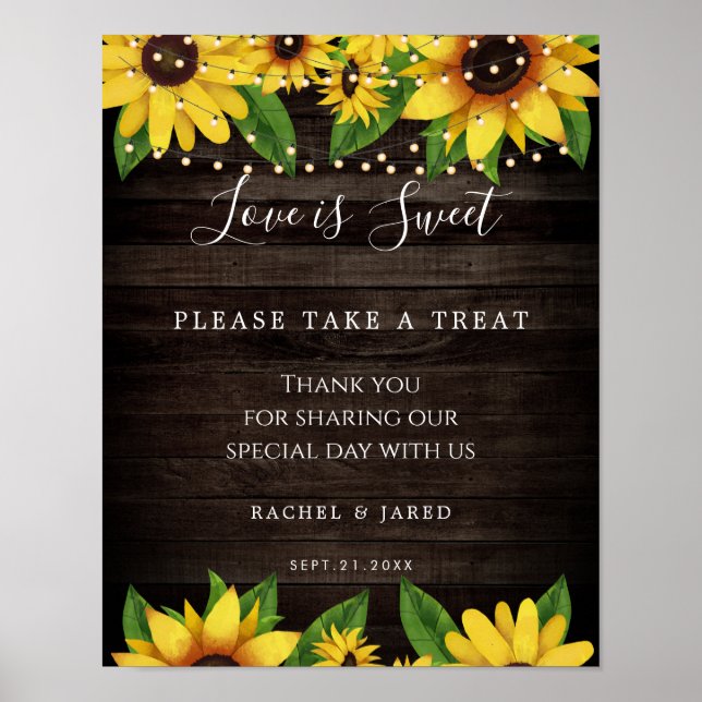 Sunflower Rustic Wood String Lights Wedding Favour Poster (Front)