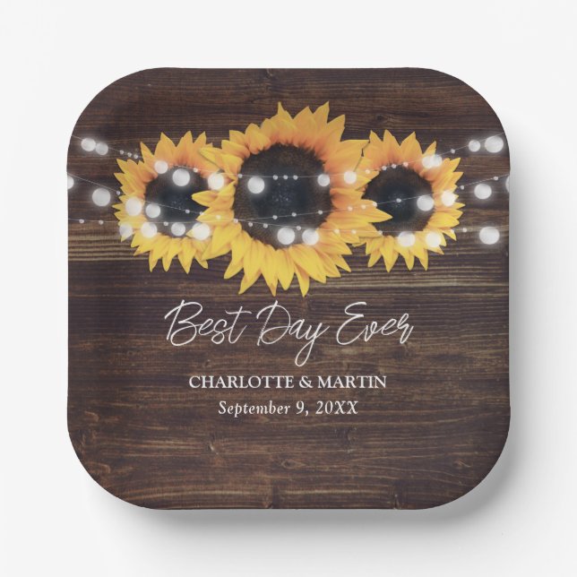 Sunflower Rustic Wood String Lights Wedding Paper Plate (Front)