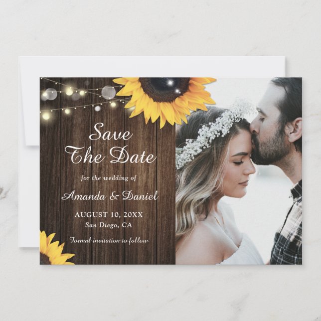 Sunflower Rustic Wood String Lights Wedding Photo Save The Date (Front)