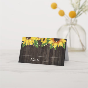 Sunflower Rustic Wood String Lights Wedding Place Card