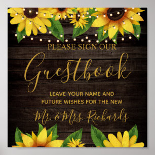 Sunflower Rustic Wood String Wedding Guestbook