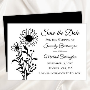 Sunflower Save the Date Black White Floral Wedding Announcement