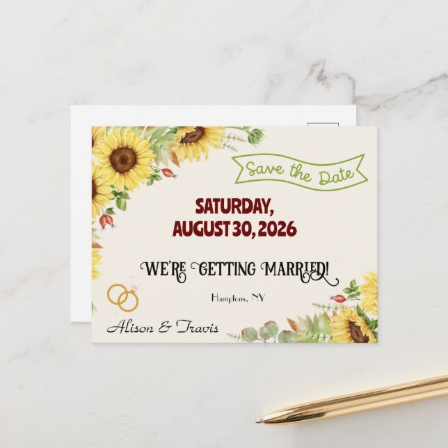 SUNFLOWER SAVE THE DATE POST CARD (Front/Back In Situ)