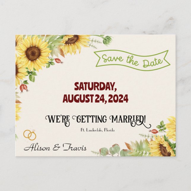 SUNFLOWER SAVE THE DATE WEDDING POST CARD (Front)
