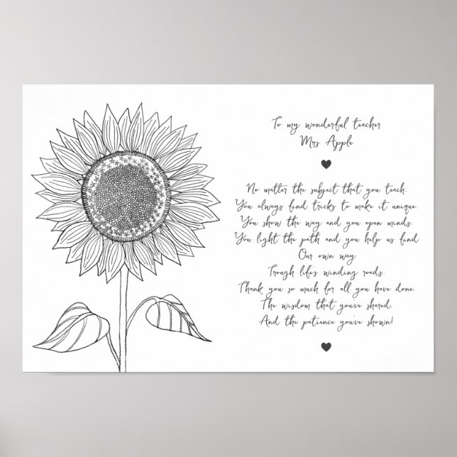   Sunflower & Script Appreciation Poem for Teacher Poster (Front)
