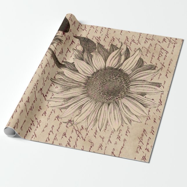 Sunflower Script Ephemera Decoupage Wrapping Paper (Unrolled)