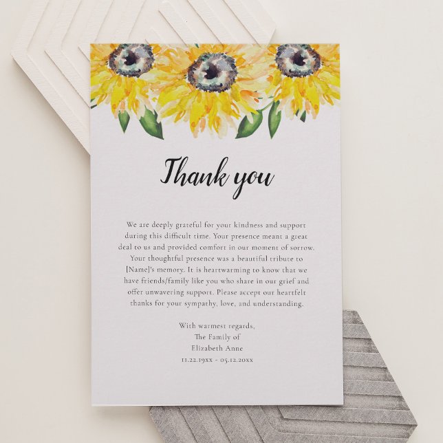 Sunflower Script Funeral Thank you Watercolor Card (Creator Uploaded)