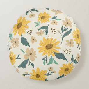 Sunflower seamless pattern. Yellow daisy on off wh Round Pillow